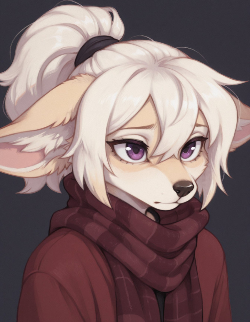 anthro brown_body brown_fur cheek_tuft clothed clothing facial_tuft female front_view fur gradient_background hair inner_ear_fluff pink_body ponytail purple_eyes scarf short_hair sidelocks simple_background solo sweater topwear tuft upper_body white_body white_fur white_hair foxgirlai canid canine fennec fox mammal hi_res portrait
