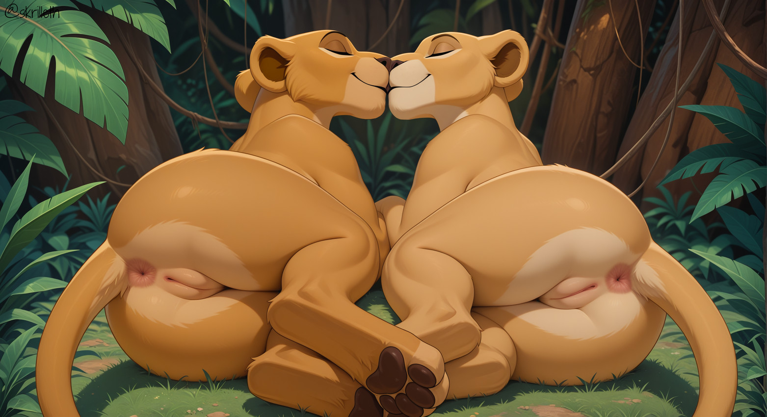 anus aroused butt detailed_background duo enjoying eyes_closed female female/female feral genitals grass inviting jungle kissing looking_at_viewer looking_back lying_on_ground lying_on_side mouth_closed nude orange_body palm_tree paws plant presenting presenting_anus presenting_hindquarters presenting_pussy pussy raised_tail rear_view seductive smile tail tree skrilleth the_lion_king kiara_(the_lion_king) nala_(the_lion_king) felid lion mammal pantherine hi_res daughter_(lore) incest_(lore) mother_(lore) mother_and_child_(lore) mother_and_daughter_(lore) parent_(lore) parent_and_child_(lore) parent_and_daughter_(lore)