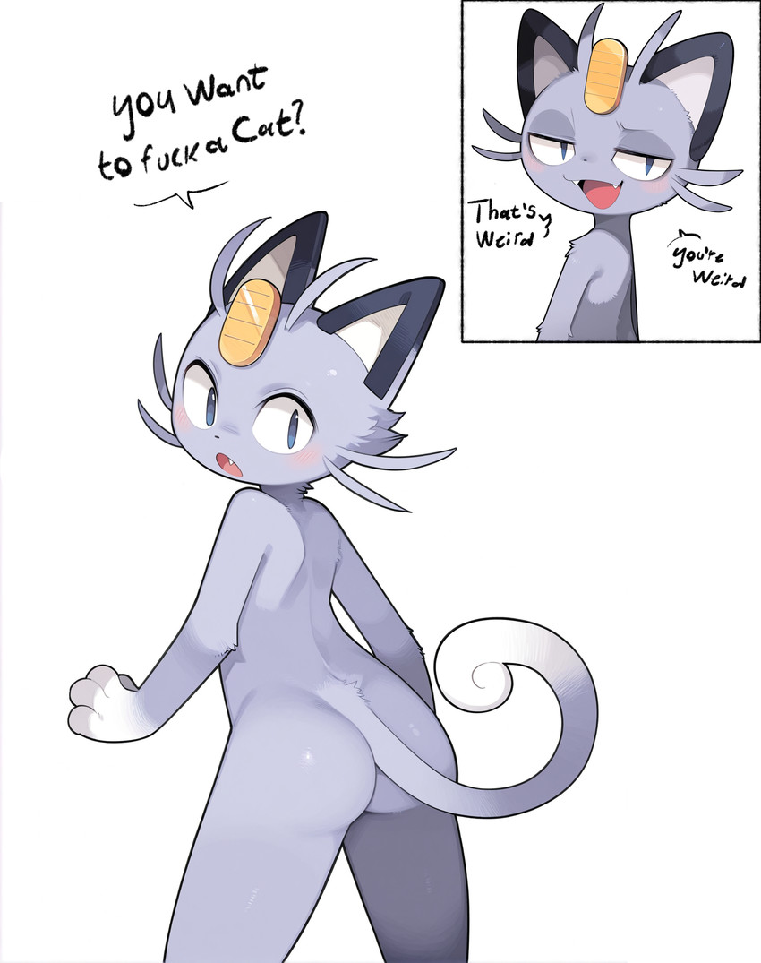 ambiguous_gender blue_eyes blush butt dialogue fangs fingers fur grey_body grey_fur humor looking_at_viewer looking_back looking_back_at_viewer markings narrowed_eyes nude open_mouth presenting presenting_hindquarters profanity rear_view simple_background smile solo standing tail tail_markings talking_to_viewer teeth text tongue whiskers white_background white_body white_fur unknown_director nintendo pokemon alolan_form alolan_meowth felid feline mammal pokemon_(species) regional_form_(pokemon) english_text hi_res