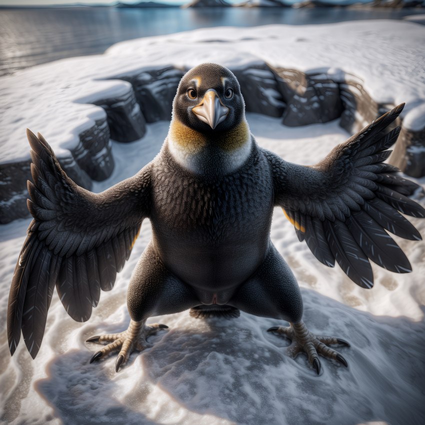 arctic beak bird_feet bird_legs black_body black_feathers detailed_background feathered_wings feathers female feral genitals lake looking_at_viewer pussy scuted_feet scutes snow solo spread_legs spread_wings spreading talons view_from_above winged_arms wings birdlover avian bird emperor_penguin penguin absurd_res hi_res