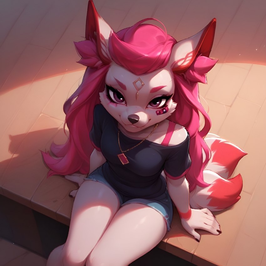 bottomwear clothed clothing female high-angle_view looking_at_viewer shorts sitting smile solo ralseixx kimiko_(fortnite) canid canine fox mammal hi_res