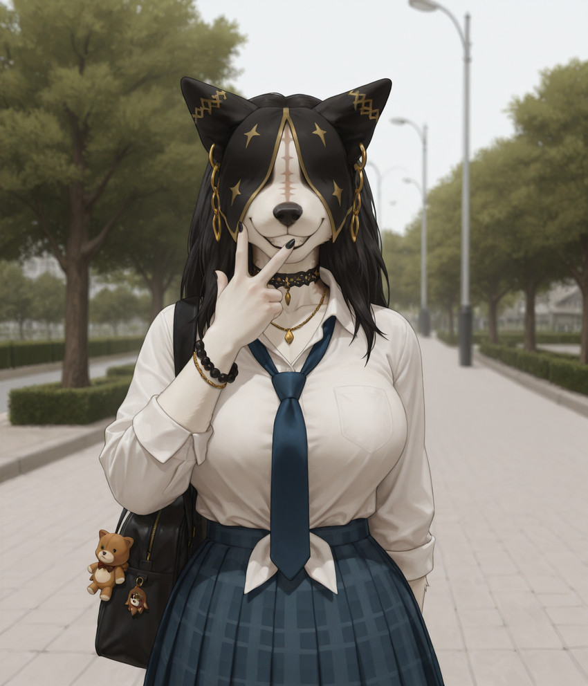 anthro black_hair blue_bottomwear blue_clothing blue_skirt bottomwear bracelet clothing ear_piercing female female_anthro hair jewelry necklace necktie outside piercing plant skirt smile solo topwear tree uniform white_body white_clothing lewdtf overlord_(anime) pestonya_shortcake_wanko canid canine mammal invalid_tag 2025 digital_drawing_(artwork) digital_media_(artwork) hi_res stable_diffusion