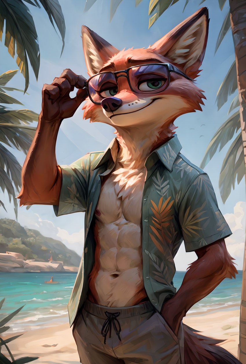 abs anthro beach beach_background clothed clothing eyewear hand_in_pocket looking_at_viewer male muscular muscular_male open_clothing open_topwear palm_tree plant pockets pose seaside smile solo sunglasses topwear tree zootopia speedykiwi nick_wilde canid canine fox mammal absurd_res hi_res