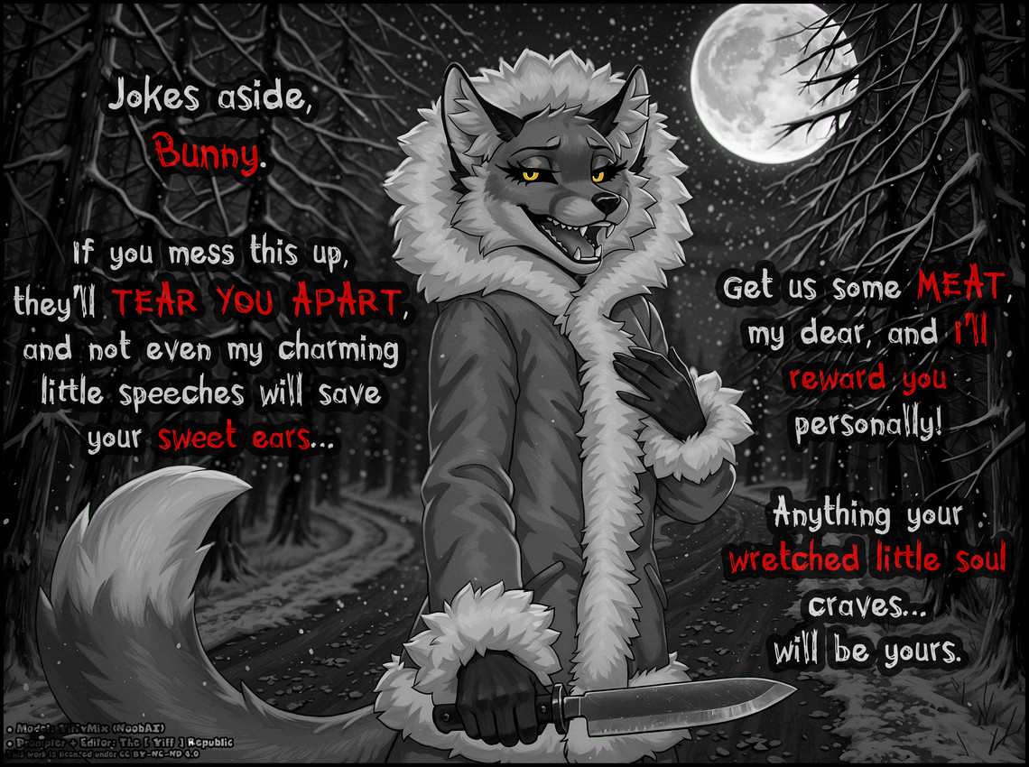anthro black_sclera blurred_background clothing coat dark eyelashes fangs female forest full_moon hand_on_chest holding_knife holding_object knife long_eyelashes looking_at_viewer moon night open_mouth plant road snow snowing solo tail teeth text topwear tree winter winter_clothing yellow_eyes the_yiff_republic alice_the_vixen canid canine fox mammal absurd_res english_text hi_res monochrome