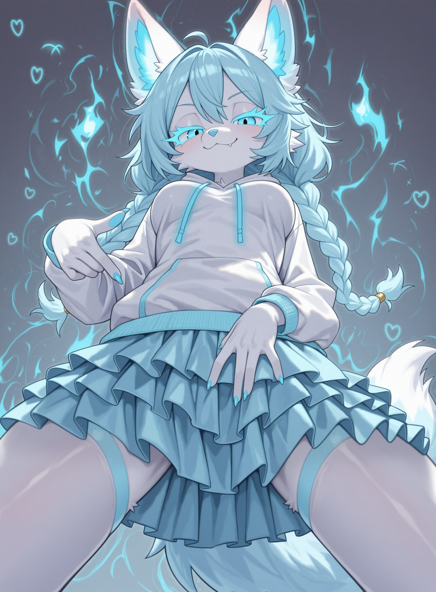 anthro blue_eyes blue_fire blue_hair bottomwear braided_hair claws clothing colored_fire eyelashes fangs female fire frilly fur gesture hair hoodie legwear long_hair looking_at_viewer low-angle_view magic pawpads pointing pointing_down simple_background skirt smile smirk smug solo stockings teeth topwear tuft upskirt white_body white_clothing white_fur white_hoodie white_legwear white_stockings white_topwear myrlonel anechka_(director_myrlonel) canid canine fox mammal absurd_res hi_res