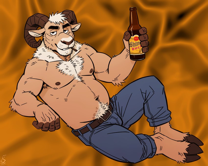 5_fingers alcohol anthro arm_support armpit_hair barefoot beer belly belt beverage biceps blue_bottomwear blue_clothing blue_jeans blue_pants body_hair bottle bottomwear bovid_horn caprine_horn chest_hair chest_tuft clothed clothing cloven_hooves denim denim_clothing feet fingers fur hair happy_trail holding_beverage holding_bottle holding_object hooves horn jeans leaning_on_elbow looking_at_viewer male musclegut muscular muscular_anthro muscular_male navel nipples pants ram_horn reclining simple_background slightly_chubby smile smirk solo tan_body tan_fur teeth topless topless_anthro topless_male tuft unguligrade yellow_background fox1400 bighorn_sheep bovid caprine mammal sheep absurd_res full-length_portrait hi_res portrait watermark