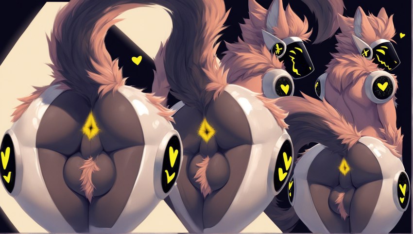 <3 anthro anus balls bent_over black_background black_body black_skin clone fluffy fur genitals group looking_back machine male metallic_body raised_tail rear_view simple_background solo standing trio wide_hips yellow_anus 7oxytron protogen hi_res