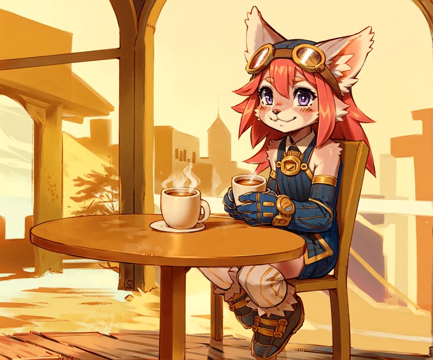 anthro armwear beverage blush cafe chair clothed clothing coffee container cup day detailed_background elbow_gloves eyewear eyewear_on_head female footwear fur furniture gloves goggles goggles_on_head hair handwear happy hat headgear headwear jumpsuit kemono long_hair looking_at_viewer outside pink_body pink_fur pink_hair purple_eyes shoes sitting smile socks solo steam table exhive chocolat_gelato canid canine canis domestic_dog mammal pomeranian spitz hi_res