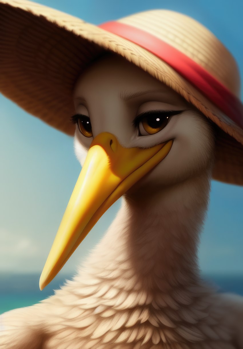 anthro beak blurred_background clothing detailed_feathers eyebrows eyelashes feathers female happy hat headgear headwear looking_at_viewer orange_beak orange_eyes outdoors outside realistic sea seductive sky smile smiling_at_viewer solo straw_hat tuft water white_body white_feathers shuffur avian bird pelecaniform pelican absurd_res detailed headshot_portrait hi_res portrait