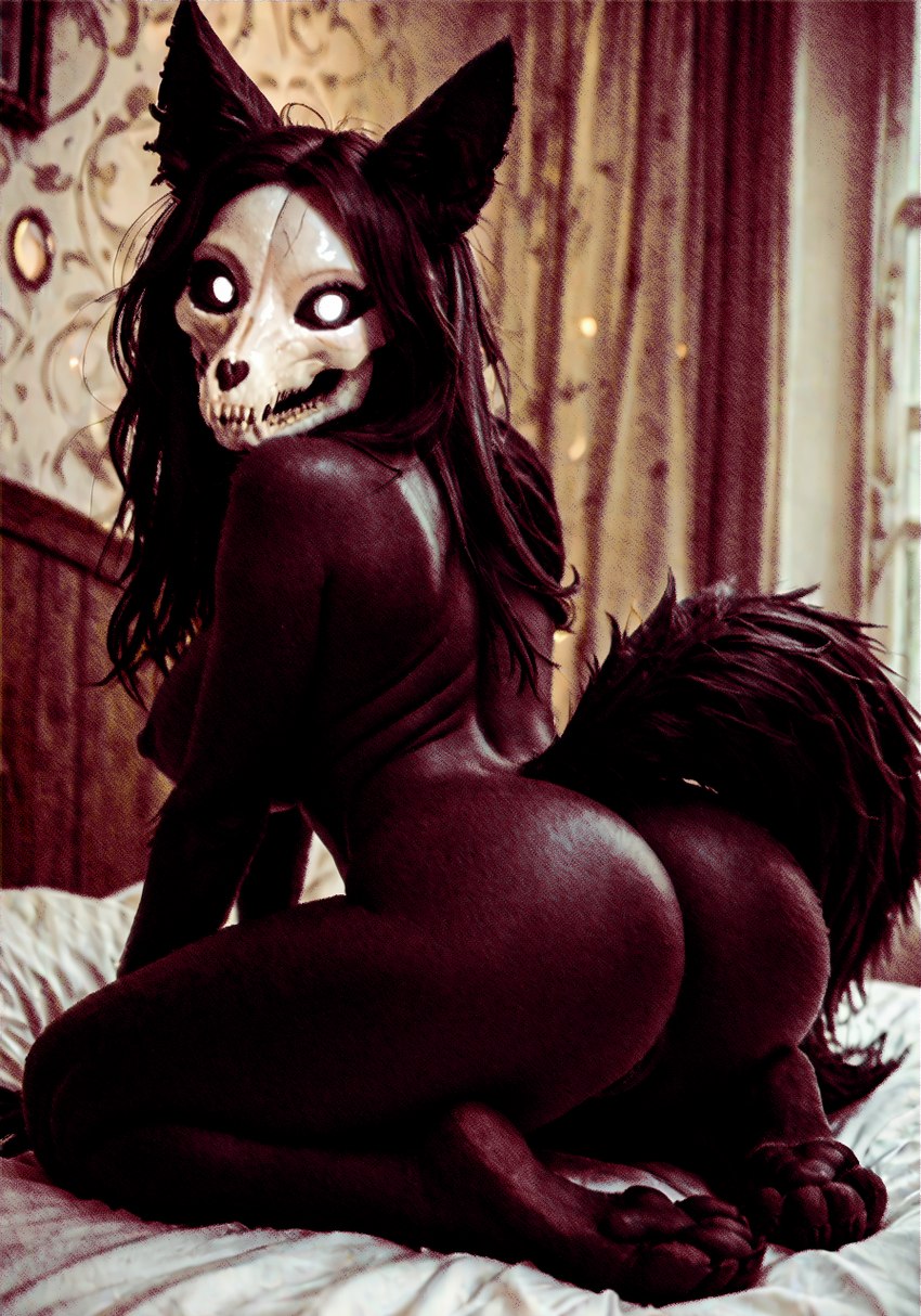 anthro bed black_body black_fur black_hair bone breasts butt female fur furniture genitals hair looking_at_viewer looking_back nipples nude presenting presenting_hindquarters pussy skull skull_head solo redr mal0 scp-1471 scp-1471-a canid canine canis mammal hi_res