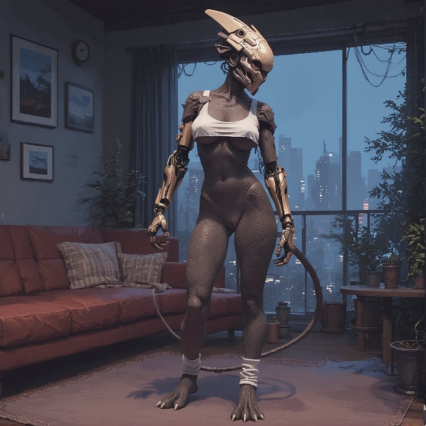 armor breasts claws feet female genitals headgear helmet nudity pussy robotic_arms solo tail toe_claws under_boob meara alien humanoid hi_res