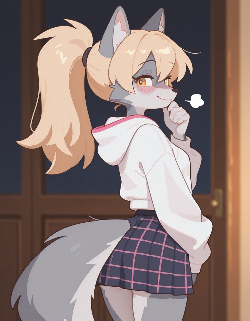 anthro blonde_hair bottomwear breath butt clothing doorway female hair hand_on_face looking_at_viewer looking_back miniskirt skirt solo sweater topwear vexy_paws_(director) canid canine canis mammal wolf