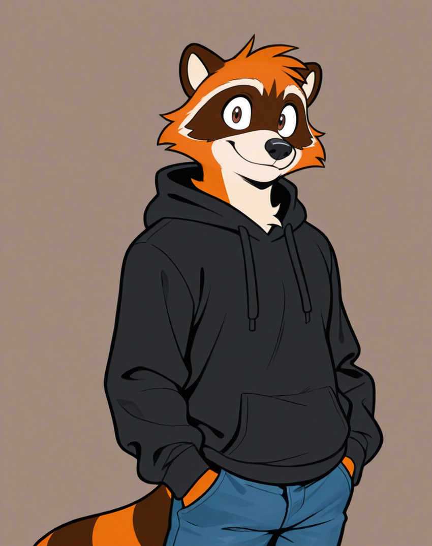 anthro black_clothing black_hoodie black_nose black_topwear blue_bottomwear blue_clothing blue_pants bottomwear brown_body brown_eyes brown_fur clothed clothing denim denim_bottomwear denim_clothing facial_tuft fully_clothed fur hand_in_pocket hands_in_both_pockets hoodie jeans looking_at_viewer male markings orange_body orange_fur pants pockets simple_background smile solo standing striped_markings striped_tail stripes tail tail_markings topwear tuft towersmash sam_stalwart mammal procyonid raccoon hi_res