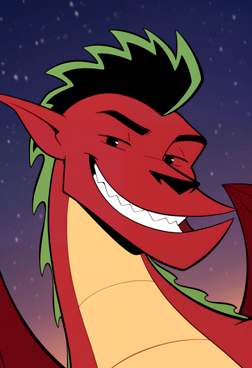 anthro humanoid_pointy_ears looking_at_viewer male membrane_(anatomy) membranous_wings mythology red_body smile solo teeth wings haxivus american_dragon:_jake_long disney jake_long dragon mythological_creature mythological_scalie scalie western_dragon absurd_res headshot_portrait hi_res portrait