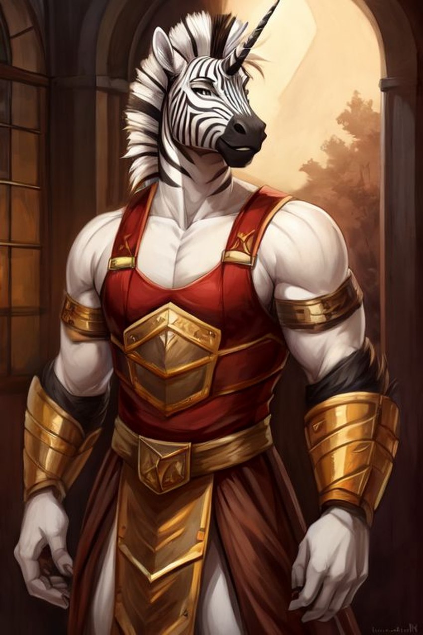 anthro armor belt bottomwear castle clothing horn loincloth male markings ornate plant solo striped_markings stripes tree bahufaru ramdas_pramath_(bahufaru) equid equine mammal unicorn zebra attempted_signature hi_res