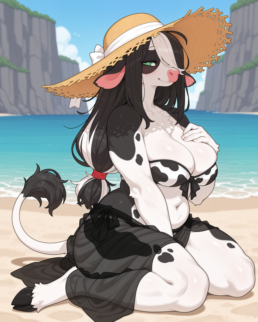5_fingers accessory animal_print anthro beach big_breasts bikini biped black_body black_clothing black_fur black_hair black_spots blush bottomwear breasts chest_tuft cleavage clothed clothed_anthro clothed_female clothing cloud cloven_hooves cow_print curvy_figure day detailed_background dipstick_tail eyebrows eyelashes female female_anthro fingers fur green_eyes hair hair_accessory hair_over_eye hand_on_breast hat headgear headwear hooves kneeling long_hair looking_at_viewer markings midriff multicolored_body multicolored_clothing multicolored_fur multicolored_hair nails narrowed_eyes navel one_eye_obstructed outside pattern_bikini pattern_clothing pattern_swimwear pink_nose pupils sand sarong sea seaside sitting sky slightly_chubby slightly_chubby_anthro slightly_chubby_female smile solo spots spotted_body strapless_clothing sun_hat swimwear tail tail_markings tail_tuft thick_thighs tied_hair translucent translucent_clothing tuft two-piece_swimsuit two_tone_body two_tone_fur two_tone_hair unguligrade voluptuous water white_body white_breasts white_clothing white_fur white_hair white_pupils white_tail burioth bovid bovine cattle holstein_friesian_cattle mammal absurd_res detailed digital_media_(artwork) full-length_portrait hi_res portrait