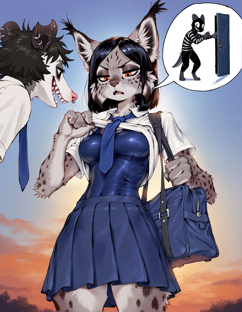 bag black_hair blue_clothing blue_topwear bottomwear breasts cheek_tuft claws clothed clothing clothing_lift cloud duo ear_piercing ear_ring ear_tuft facial_piercing facial_tuft female fingers fur grey_body grey_fur hair inner_ear_fluff male markings necktie nose_piercing nose_ring open_mouth outside piercing pink_nose ring_piercing school_uniform septum_piercing septum_ring sharp_teeth shirt short_hair skirt sky smile speech_bubble spots spotted_body spotted_fur standing teeth tongue topwear tuft uniform white_body white_clothing white_fur white_shirt white_topwear anonymous_director invoke_high american_opossum didelphid felid feline lynx mammal marsupial virginia_opossum hi_res