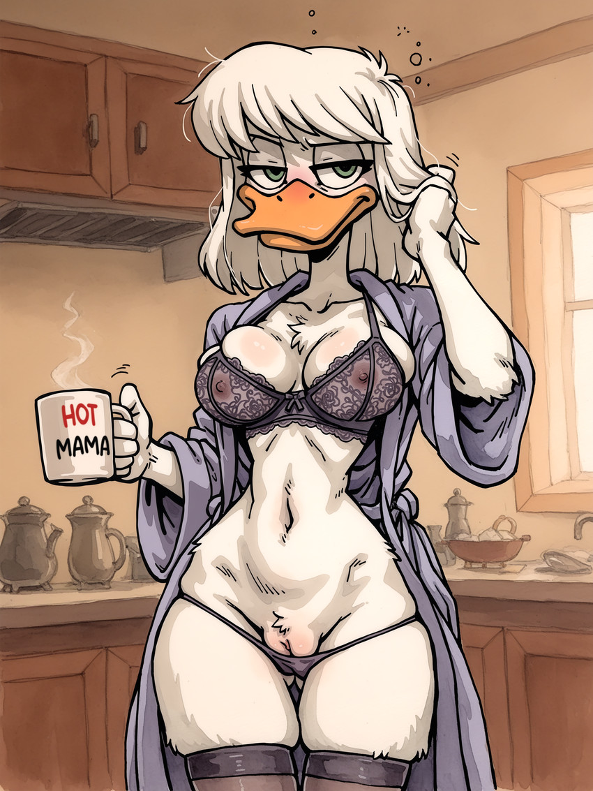 anthro bathrobe clothing female kitchen lace lace_bra legwear lingerie nipple_outline pussy_peek robe skindentation solo stockings tired arantonak della_duck anatid anseriform avian bird duck absurd_res hi_res