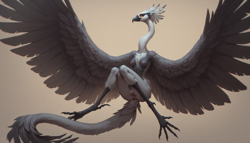 anthro areola beak breasts feathered_tail feathered_wings feathers female genitals long_neck pussy scutes simple_background solo tuft winged_arms wings wizardeus accipitriform avian bird secretary_bird absurd_res hi_res huge_filesize