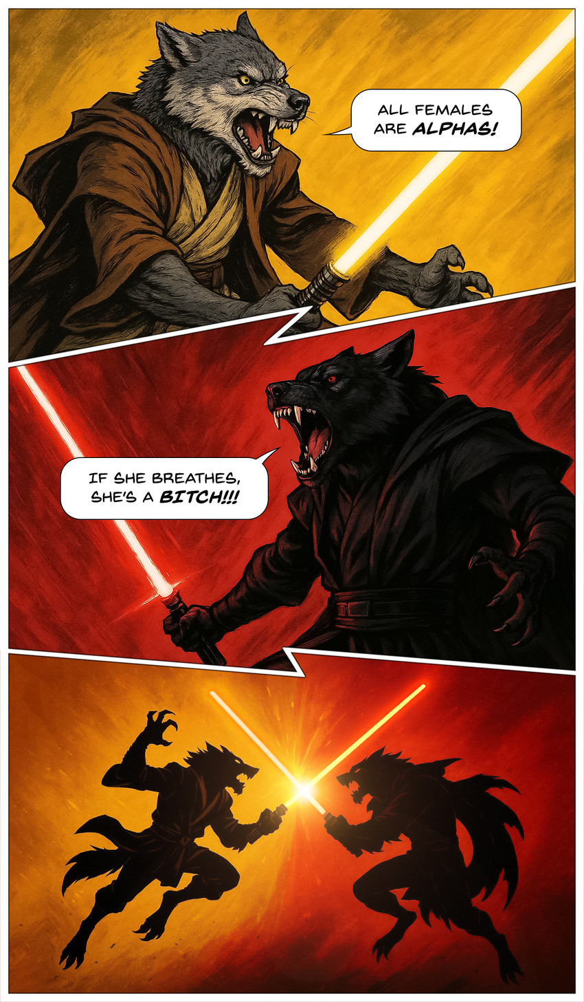 3_toes 4_fingers action_pose angry anthro barefoot belt biped black_belt black_body black_claws black_cloak black_clothing black_fur black_nose black_pupils black_topwear brown_belt brown_cloak brown_clothing brown_topwear claws cloak clothed clothed_anthro clothed_male clothing countershade_face countershade_fur countershading dark_body dark_fur dialogue digitigrade duo fangs feet fight fighting_pose finger_claws fingers forearm_muscles fur grey_body grey_claws grey_fur holding_lightsaber holding_melee_weapon inner_ear_fluff insult jedi light light_body light_countershading light_fur lightsaber male melee_weapon midair monotone_body monotone_fur multicolored_body multicolored_fur muscular muscular_anthro muscular_male mythology open_mouth pose prick_ears profanity pupils red_background red_eyes sharp_teeth side_view silhouette simple_background sith snarling snout speech_bubble talking_to_another tan_clothing tan_topwear teeth text toe_claws toes topwear tuft tunic two_tone_body two_tone_fur weapon yellow_background yellow_eyes zenithwolf meme_2026 star_wars canid canine canis mammal mythological_canine mythological_creature werecanid werecanine werecreature werewolf wolf absurd_res comic digital_drawing_(artwork) digital_media_(artwork) english_text hi_res lighting meme shaded