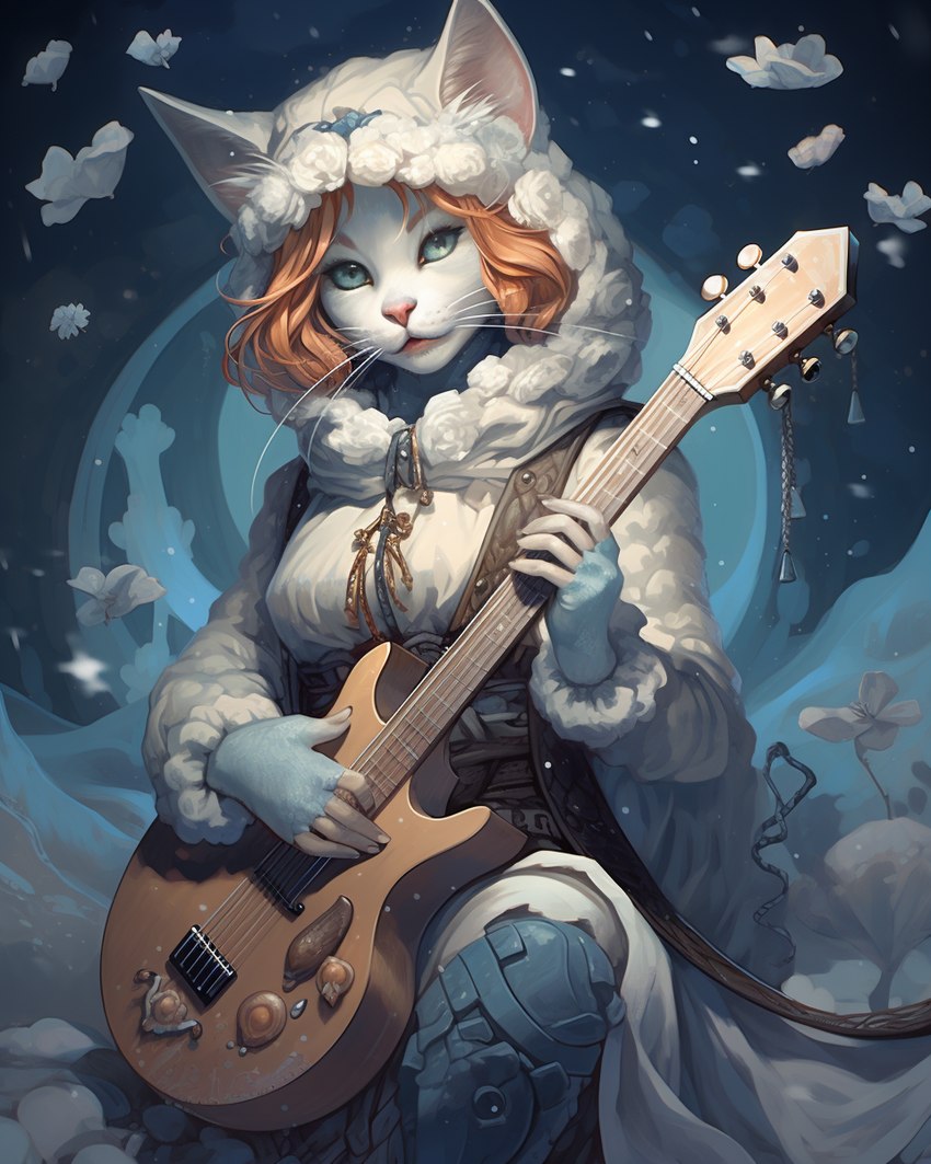 2023 anthro blue_eyes clothed clothing detailed_background female fingerless_gloves fur gloves guitar hair handwear hood looking_at_viewer musical_instrument orange_hair pink_nose plucked_string_instrument snow solo string_instrument white_body white_fur sappy_(director) felid feline mammal hi_res