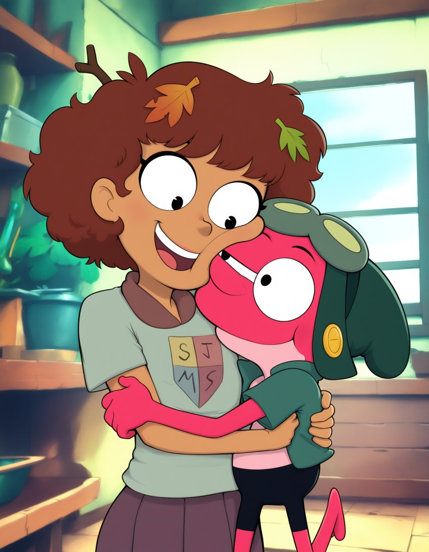 anthro brown_body brown_hair brown_skin clothing duo embrace eye_contact female hair hug looking_at_another male red_body anonymous_director amphibia_(series) anne_boonchuy sprig_plantar amphibian frog human mammal hi_res