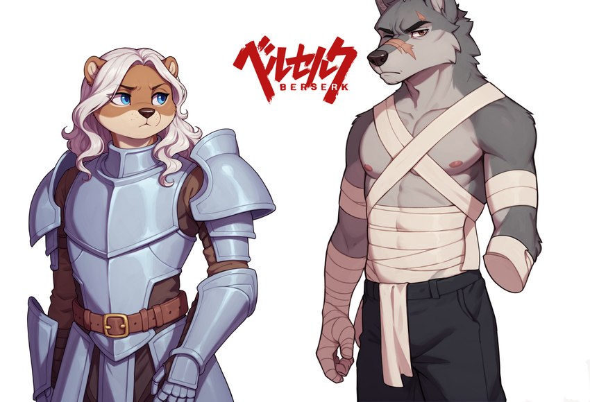 amputee anthro armor bandages disability duo facial_scar hair knight long_hair male one_eye_closed scar warrior white_hair otteranon canid canine canis lutrine mammal mustelid wolf hi_res