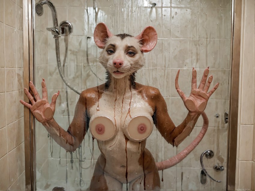 against_surface anthro breasts female genitals looking_at_viewer nude on_glass pussy shower solo jelloponies mammal murid murine rat rodent hi_res