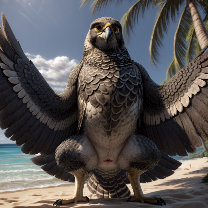 animal_genitalia avian_butt beach beak biped bird_feet bird_legs cloaca feathered_wings feathers female feral front_view genitals horizontal_cloaca palm_tree plant scuted_feet scuted_legs scutes seaside solo spread_wings standing tail_feathers talons tree winged_arms wings birdlover avian bird falcon falconid peregrine_falcon absurd_res hi_res