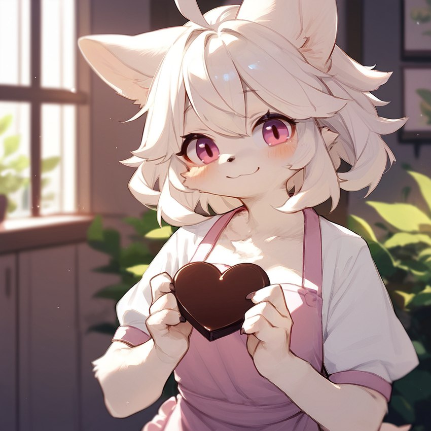 anthro apron candy chocolate clothing dessert female food fur hair purple_eyes shirt smile solo topwear white_body white_fur white_hair window tarklanse canid canine fox mammal