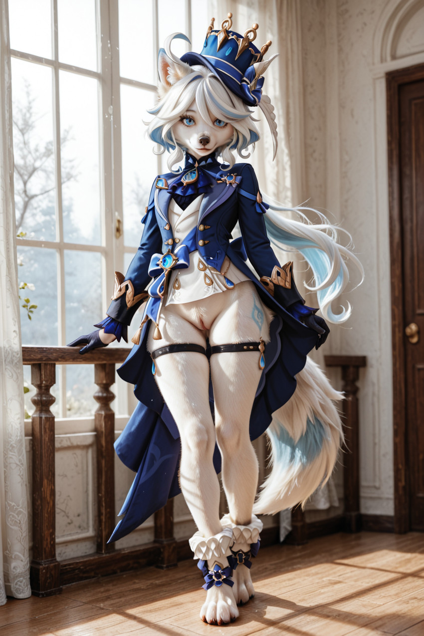 anthro bottomless clothed clothing door dress female genitals hat headgear headwear inside looking_at_viewer paws pussy solo denis0k genshin_impact arctic_fox canid canine fox mammal hi_res