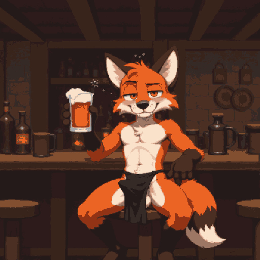 4_fingers alcohol anthro arm_support athletic balls bar bar_stool bedroom_eyes beer beer_mug beverage biped black_clothing black_nose bottle bottomwear brown_arms brown_legs bubble bulge chest_tuft clothed clothing container cup cute_fangs detailed_background dipstick_tail drunk drunk_bubble erection erection_under_clothing eyebrows facial_tuft fangs feet fingers foam front_view fur furniture genital_outline genitals gloves_(marking) half-closed_eyes head_tuft holding_beer holding_object inside leaning_on_elbow leg_markings loincloth loincloth_only looking_at_viewer male markings mostly_nude multicolored_body narrowed_eyes navel orange_body orange_eyes orange_fur orange_tail penis_outline raised_eyebrow seductive shelf sitting skimpy smile smiling_at_viewer smirk smug socks_(marking) solo spread_legs spreading stool substance_intoxication tail tail_markings tavern teeth tenting topless topless_anthro topless_male tuft two_tone_body whisker_spots white_balls white_body white_fur scoutr scout_the_fox canid canine fox mammal red_fox true_fox digital_media_(artwork) pixel_(artwork)