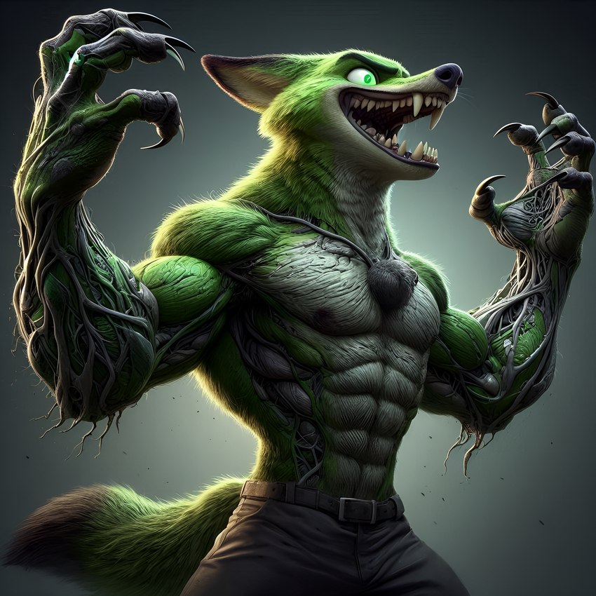 2024 5_fingers abs anthro belt belt_buckle black_eyebrows black_nose bottomwear brown_bottomwear brown_clothing brown_pants claws clothing eyebrows fangs finger_claws fingers fluffy fluffy_tail fur green_body green_eyes green_fur grey_body grey_fur male open_mouth pants pecs sharp_teeth snout solo teeth zootopia anthroaicreations nick_wilde canid canine mammal were werecanid werecanine werefox hi_res