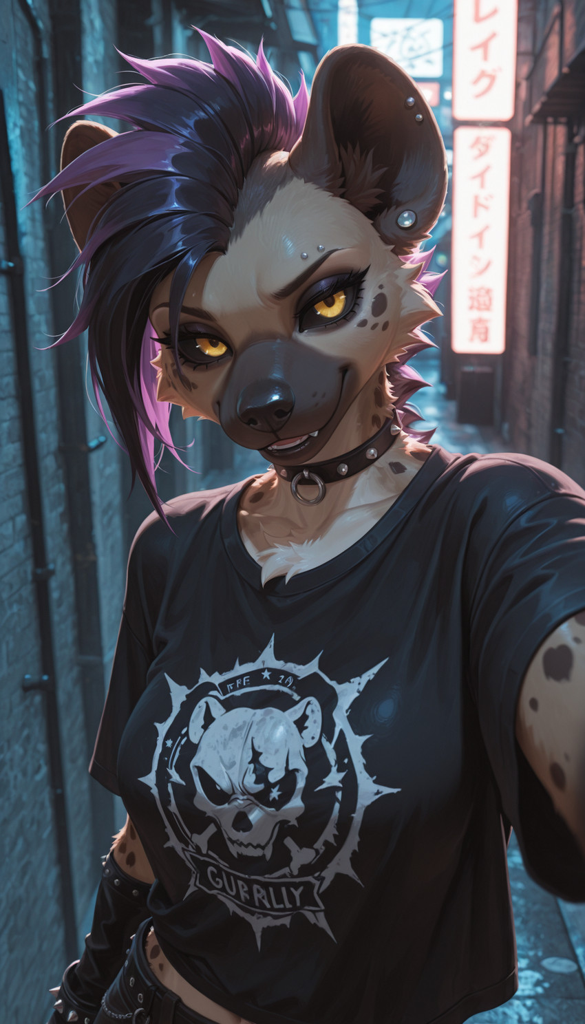 alley anthro belt black_clothing black_hair black_sclera black_shirt black_topwear breasts brown_body brown_fur chain choker city city_background clothed clothing ear_piercing eyebrow_piercing facial_piercing female fully_clothed fur hair jewelry looking_at_viewer makeup medium_breasts mohawk multicolored_body multicolored_fur multicolored_hair necklace night outside piercing punk punk_girl punk_hair purple_hair selfie shirt smile snout solo spiked_choker spikes spots spotted_body spotted_fur standing topwear two_tone_body two_tone_fur two_tone_hair yellow_eyes aellios violet_(aellios) hyaenid mammal spotted_hyena 2025 hi_res