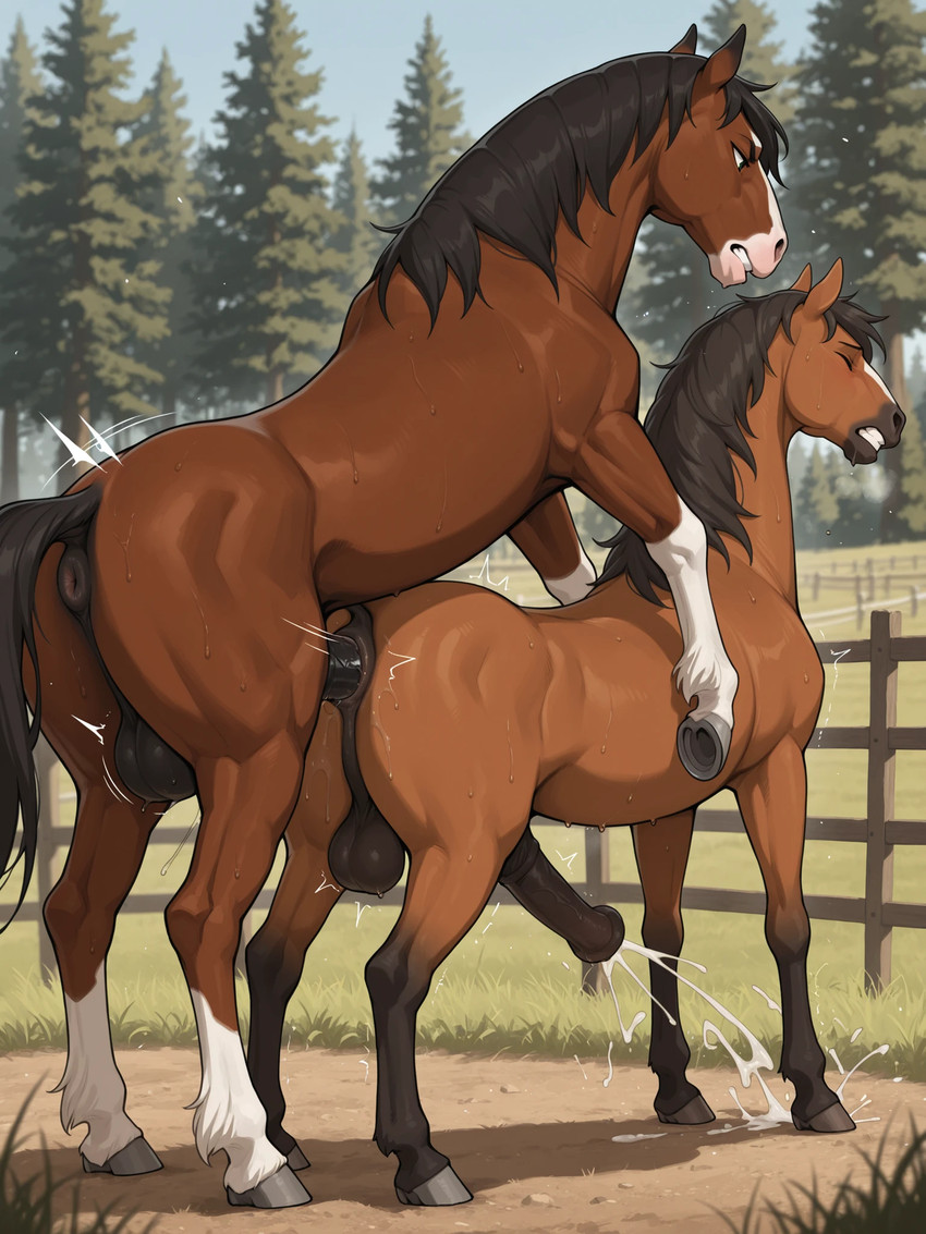 anal anal_penetration animal_genitalia animal_penis anus balls bodily_fluids clenched_teeth cum cum_while_penetrated duo ejaculation equine_penis fence feral feral_on_feral from_behind_position genital_fluids genitals implied_rape male male/male meadow motion_lines mounting penetration penis puffy_anus questionable_consent rough_sex sex teeth equid equine horse mammal hi_res tagme