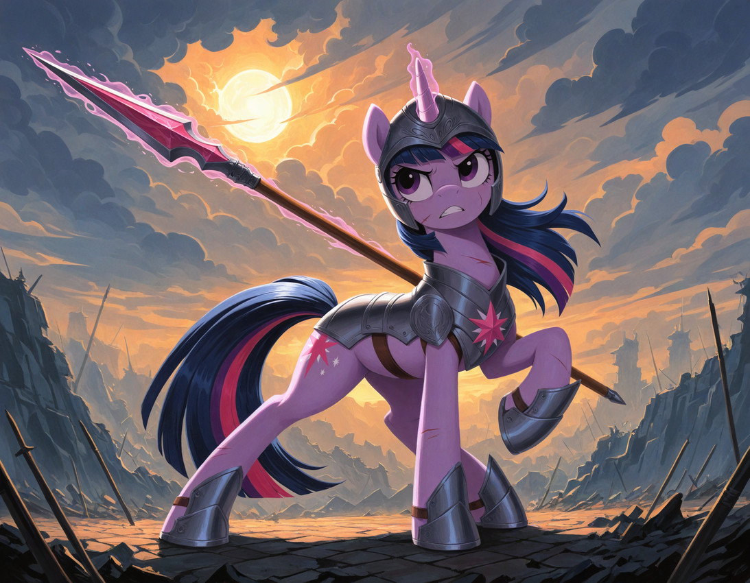 armor aura blue_hair clenched_teeth cloud cloudy female feral frown glowing hair headgear helmet horn leather_straps looking_aside looking_up magic magic_user magical_aura melee_weapon multicolored_hair outside polearm pose purple_body purple_eyes solo spear sun teeth telekinesis weapon wounded tyto4tme4l friendship_is_magic my_little_pony twilight_sparkle_(mlp) equid equine horse mammal pony unicorn hi_res