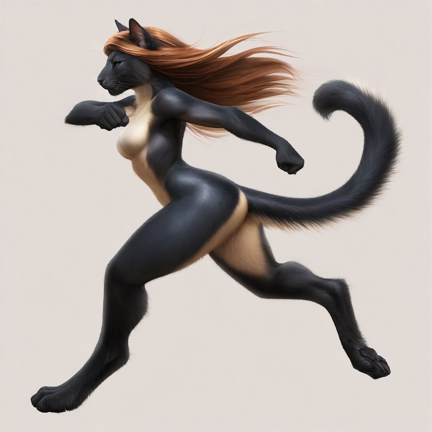 anthro black_body black_fur brown_hair digitigrade female fur hair long_hair nude running side_view simple_background smile solo tasteful_nudity director_crashbandit felid mammal pantherine novelai