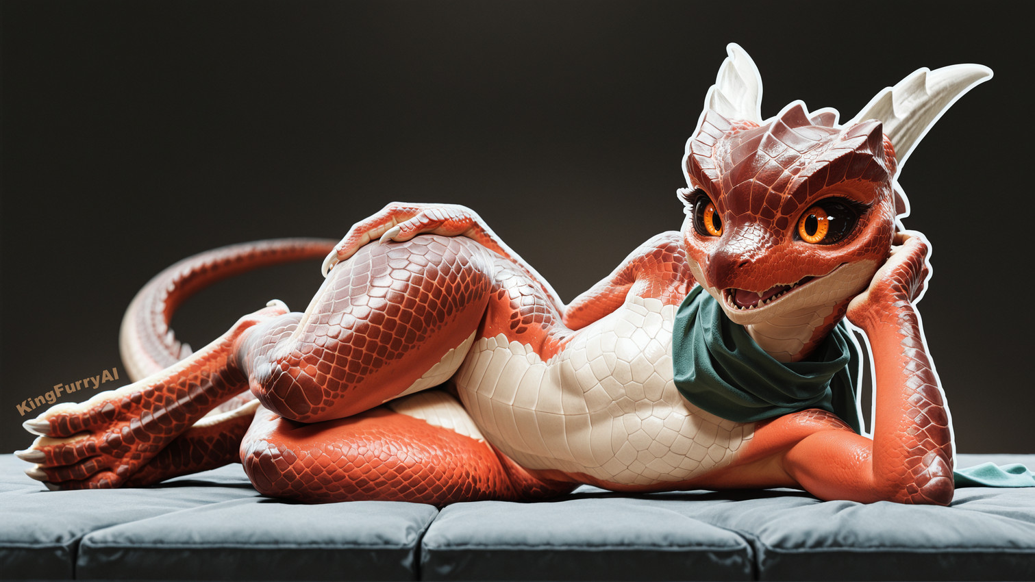 ambiguous_gender anthro black_sclera claws digitigrade elbow_rest flat_chested green_scarf hand_on_face hand_on_hip holding_head horn lying lying_on_side multicolored_body on_side open_mouth orange_eyes outline red_body red_scales relaxed scales scarf simple_background small_waist solo tail teeth teeth_showing two_tone_body white_body white_claws white_horn white_outline white_scales wide_hips kingfurryai kobold reptile scalie hi_res cousins_(lore)