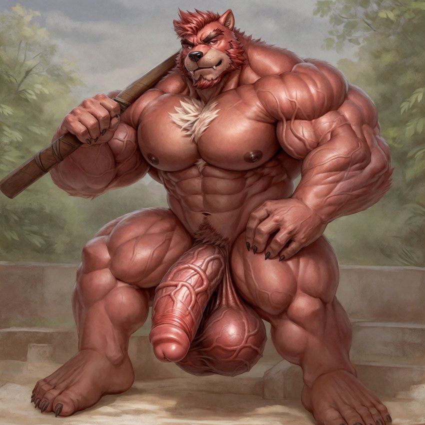 5_toes abs anthro balls beard biceps big_balls big_muscles chest_tuft claws day facial_hair fangs feet fur genitals hair half-erect huge_balls huge_muscles humanoid_genitalia humanoid_penis looking_at_viewer male melee_weapon muscular muscular_anthro muscular_male nipples nude outdoor_nudity outside pecs penis plant plantigrade pubes red_body red_eyes red_fur short_hair solo standing sword thick_thighs toes tree tuft vein veiny_balls veiny_muscles veiny_penis weapon vanzilen the_boy_and_the_beast kumatetsu_(character) canid mammal ursid full-length_portrait hi_res portrait