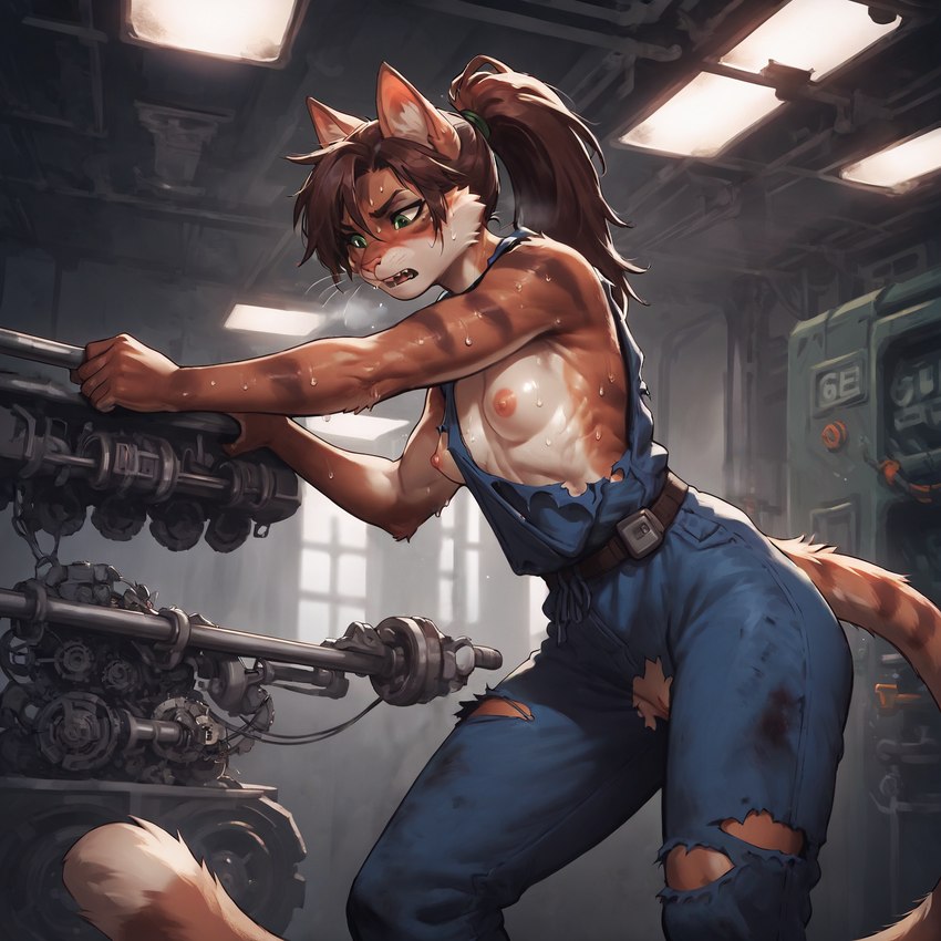 anthro breasts breath_cloud brown_hair clothing coveralls ears_up exposed_breasts female genitals grease_stains green_eyes hair inside long_hair long_tail mechanic overalls pussy solo sweaty torn_clothing workshop loganth domestic_cat felid feline felis mammal tabby_cat hi_res