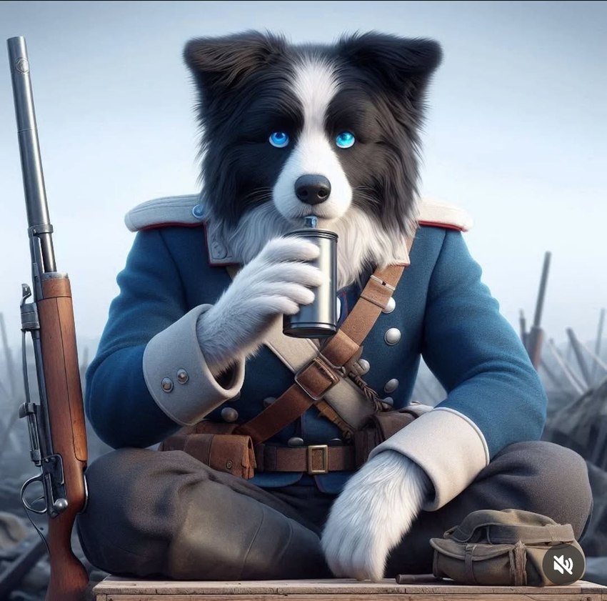 army battle black_body black_fur blue_eyes clothing fur gun looking_at_viewer male military military_uniform ranged_weapon solo uniform weapon white_body white_fur dylan03 gustave_(dylan03) border_collie canid canine canis collie domestic_dog herding_dog mammal pastoral_dog sheepdog