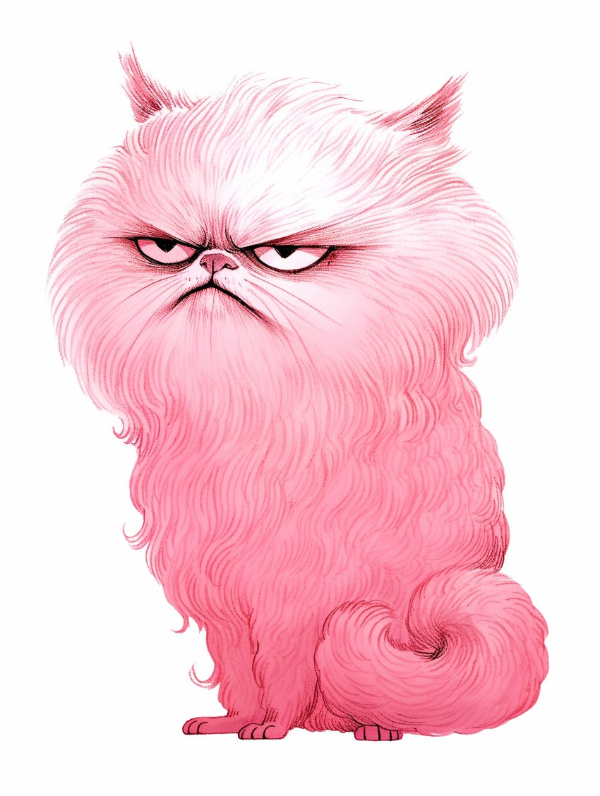 ambiguous_gender black_pupils feral frown fur furrowed_brow grumpy pink_body pink_fur pink_nose pupils simple_background sitting solo white_background sappy_(director) felid feline mammal hi_res