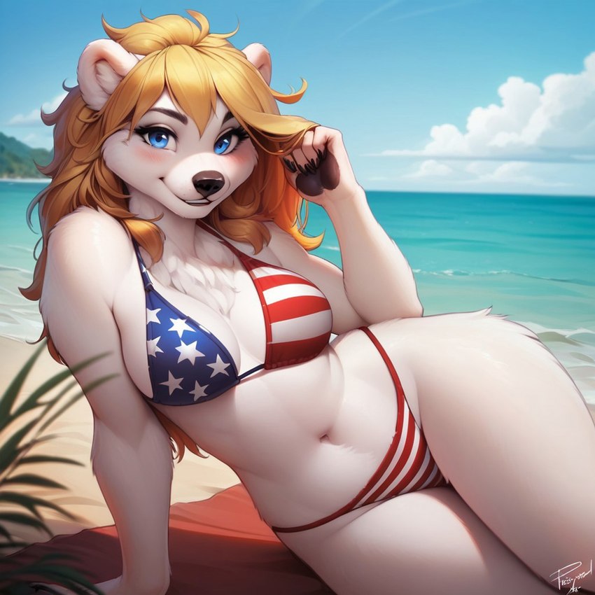 4th_of_july american_flag_bikini anthro beach bikini blonde_hair blue_eyes breasts clothing curvy_figure female fur hair long_hair looking_at_viewer nipples seaside smile smiling_at_viewer solo spreading stars_and_stripes sunset swimwear thick_thighs touching_hair united_states_of_america white_body white_fur nakucide anita(nakucide) mammal polar_bear ursid ursine hi_res