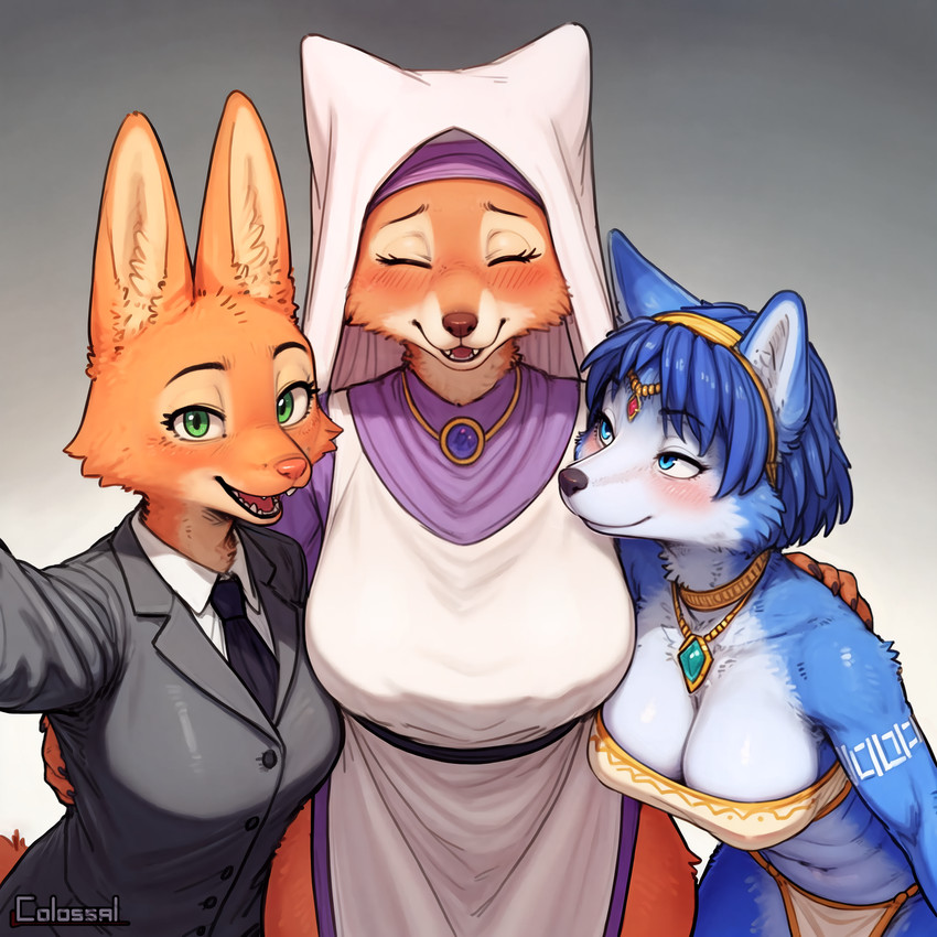 anthro big_breasts blue_body blue_eyes blue_fur blue_hair blush bottomwear breast_size_difference breasts cheek_tuft circlet cleavage clothed clothing countershading crossover dress embrace eyebrows eyelashes eyes_closed facial_tuft female female_anthro fur gold_(metal) gold_jewelry green_eyes group hair hand_on_shoulder headdress inner_ear_fluff jewelry kemono loincloth looking_at_viewer markings midriff multicolored_body multicolored_fur navel necklace necktie open_mouth open_smile orange_body orange_fur selfie shy simple_background smile suit tail teeth topwear tribal trio tuft white_body white_fur colossal_exhoost_fume nintendo star_fox the_bad_guys diane_foxington krystal_(star_fox) maid_marian canid canine fox mammal red_fox hi_res