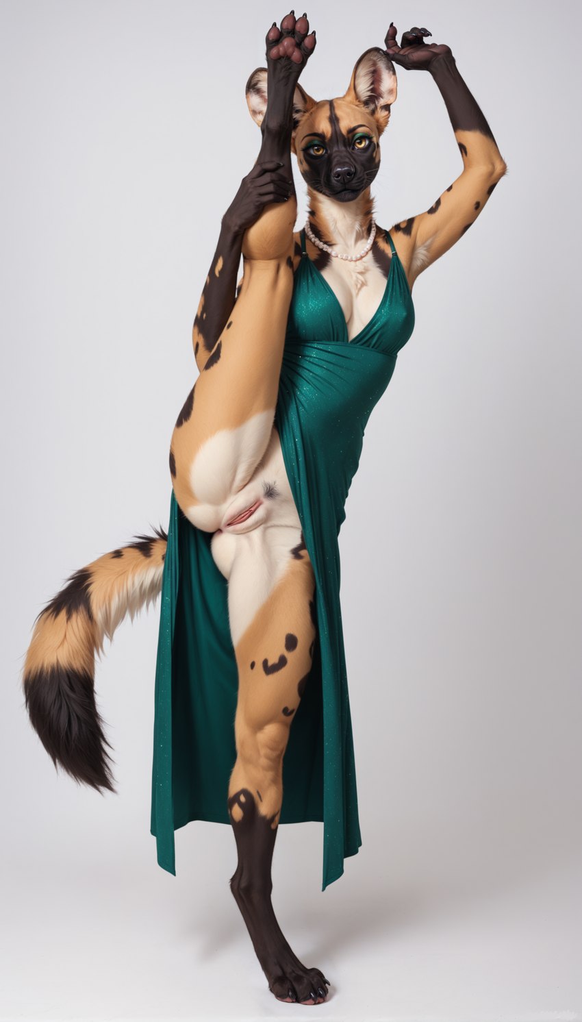 amber_eyes anthro armpit_hair black_body black_fur body_hair brown_body brown_fur chest_tuft clothing digitigrade dress eyeshadow female flexible fluffy fluffy_tail fur gem genitals green_clothing green_dress green_eyeshadow hands_above_head holding_leg inner_ear_fluff jewelry looking_at_viewer makeup necklace nipple_outline nudity one_leg_up pawpads paws pearl_(gem) pearl_necklace pink_pussy pubes pussy raised_leg simple_background solo splits spread_legs spreading standing stretching tuft vertical_splits white_body white_fur ilmpbx african_wild_dog canid canine mammal absurd_res hi_res