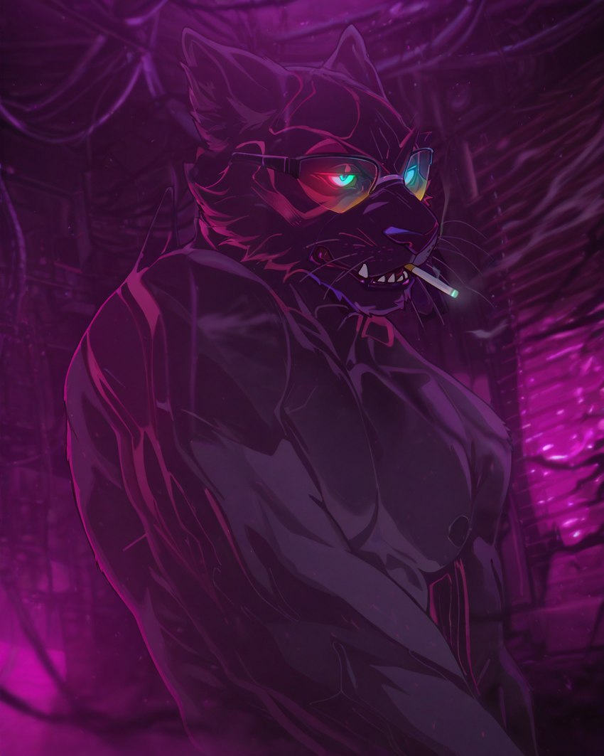 anthro cigarette cyberpunk dramatic_lighting eyewear fur glowing glowing_eyes hair male muscular muscular_anthro muscular_male neon_lights nipples pecs shirtless smoke smoking solo solo_focus sunglasses whiskers crypto_botany felid generation_7_pokemon incineroar mammal pokemon_(species) hi_res