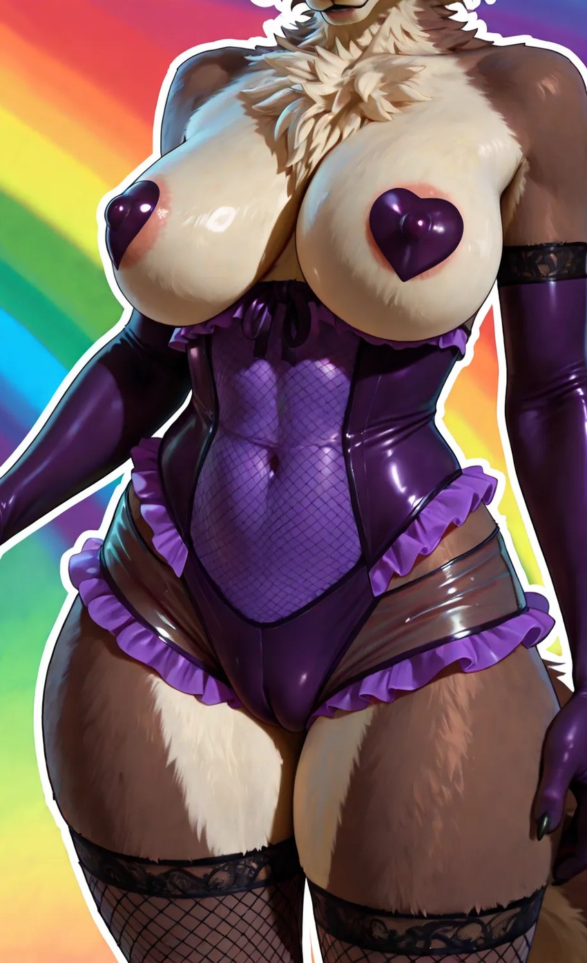 anthro armwear belly bottomwear breasts chest_tuft clothed clothing corset curvy_figure elbow_gloves female fishnet fishnet_clothing fishnet_legwear fishnet_topwear front_view fur gloves handwear hotpants legwear lingerie looking_at_viewer medium_breasts navel obscured_face pasties purple_eyes rainbow_background shorts simple_background skimpy solo standing tail thick_thighs thigh_highs topwear translucent translucent_clothing tuft white_body white_fur wide_hips chamir136_(director) beastars juno_(beastars) canid canine canis humanoid mammal wolf hi_res