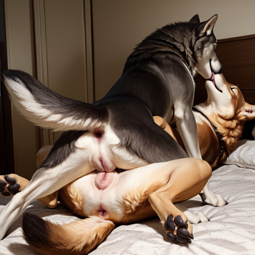 anatomically_correct anatomically_correct_genitalia animal_genitalia animal_pussy anus bed bodily_fluids canine_genitalia canine_pussy duo female female/female feral furniture genital_fluids genitals kissing on pussy pussy_juice raised_tail sex tail tail_anus tribadism vaginal anonymous_director canid canine canis mammal wolf