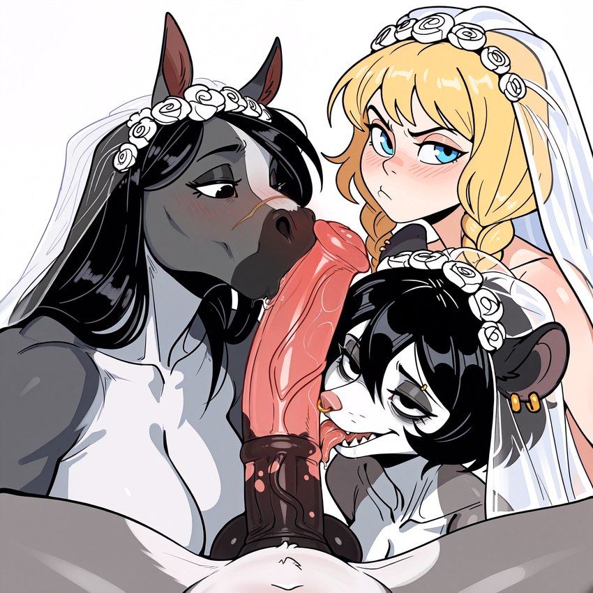 anthro anthro_pov biped blue_eyes breasts clothing dark_eyes dress erection facial_piercing female first_person_view genitals group hair male nose_piercing nose_ring penis piercing ponytail ring_piercing scar wedding_dress anonymous_director invoke_high didelphid equid equine human mammal marsupial hi_res