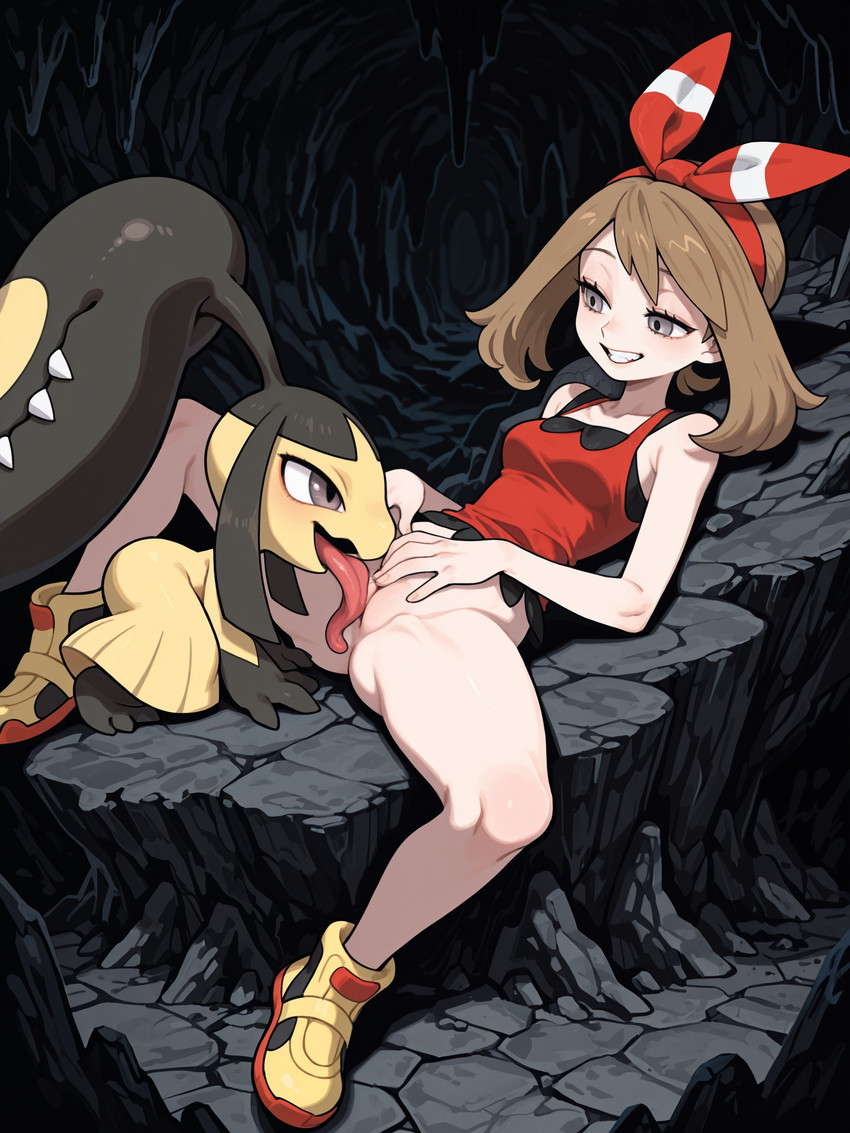 accessory ambiguous_gender blush bodily_fluids bottomless bottomless_female breasts brown_hair cave clothed clothing cunnilingus duo female female/ambiguous female_on_feral feral fingers footwear genitals grey_eyes grin hair hair_accessory interspecies licking long_tongue looking_at_another lying male male/female narrowed_eyes on_back on_model open_mouth oral pokephilia pussy red_clothing sex sharp_teeth shirt shoes small_breasts smile spread_legs spreading teeth tongue tongue_out topwear vaginal yellow_body unknown_director nintendo pokemon may_(pokémon) generation_3_pokemon humanoid mammal mawile pokemon_(species) hi_res